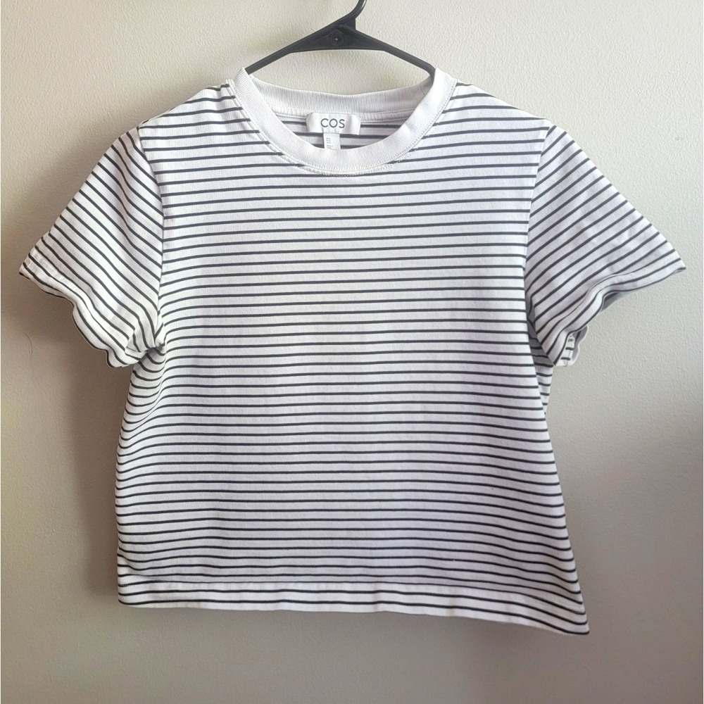 COS Women's M White Black Striped Crew Neck Short Sleeve Cotton T-Shirt Boxy